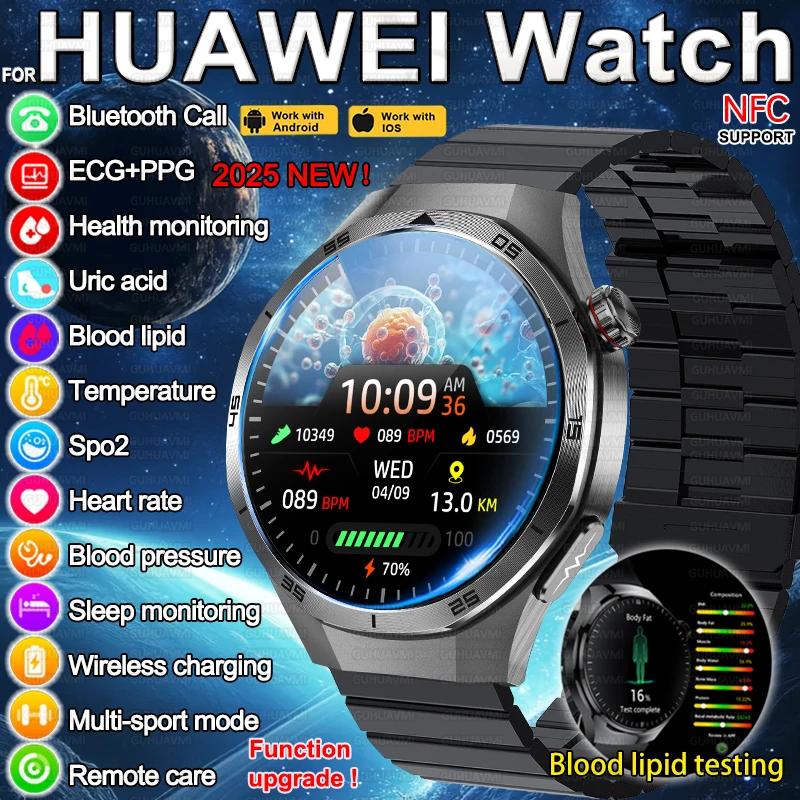 

2025 НОВИНКА для мужчин HUAWEI Смарт-часы с сапфировым стеклом ЭКГ + PPG Липиды в крови Мочевая кислота HD Bluetooth-вызов NFC Спортивные часы для здоровья