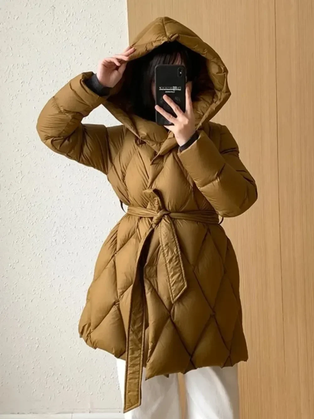 Hooded White Duck Down Coat 2024 New Winter Women Fashion Belt Thicken Warm Overcoat Office Ladies Casual Jacket Female