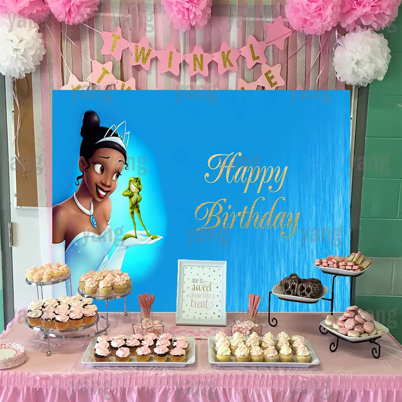 Custom Disney Tiana Princess and The Frog Backdrop Party Blue Background Baby Shower Girls Birthday Table Banner Decoration