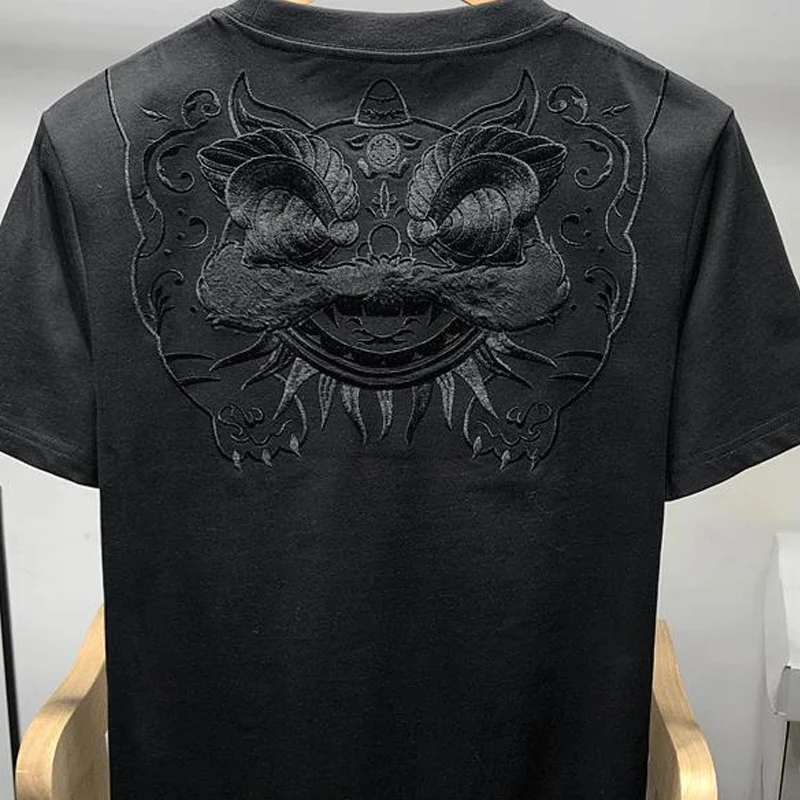 Summer Solid Color Vintage Lion Dance Embroidered T-Shirts Man Round Neck Short Sleeve Fashion Pullovers Men National Style Tees