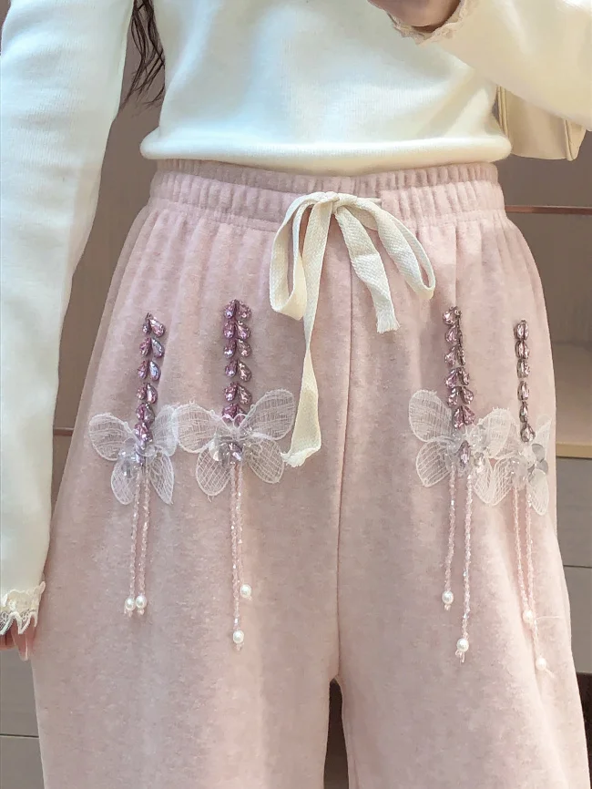 Women Pants French Style Diamond Butterfly Beaded Decoration High Waist Wide Leg Pants Sweet Girl Pink Casual Pants