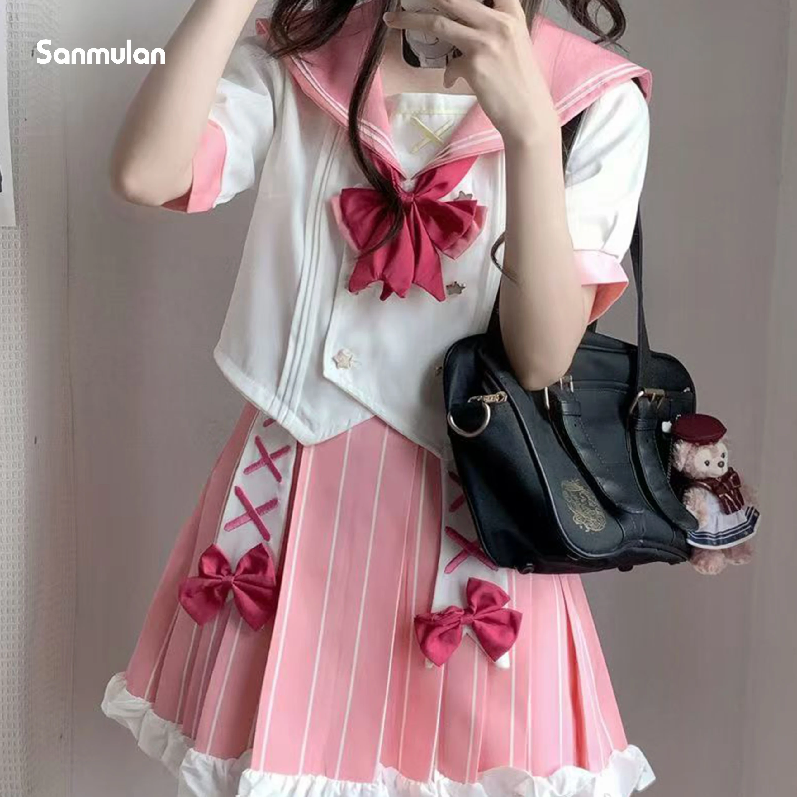 Pink Style Korean Sailor Set Women Seifuku High School Student JK Uniform Japanese Sailor Suit Cos Costumes Girls Pleated Skirt