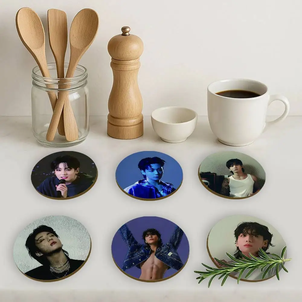 Singer J-Jung K-Kook 2D Wooden Coasters Heat Resistant Non-Slip Home Office Bar Cafe Restaurant Holiday Birthday Gift Durable