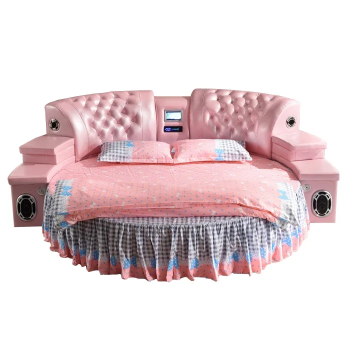 

2m Top Grain Leather Round Soft Bed Bedroom Furniture with Speaker