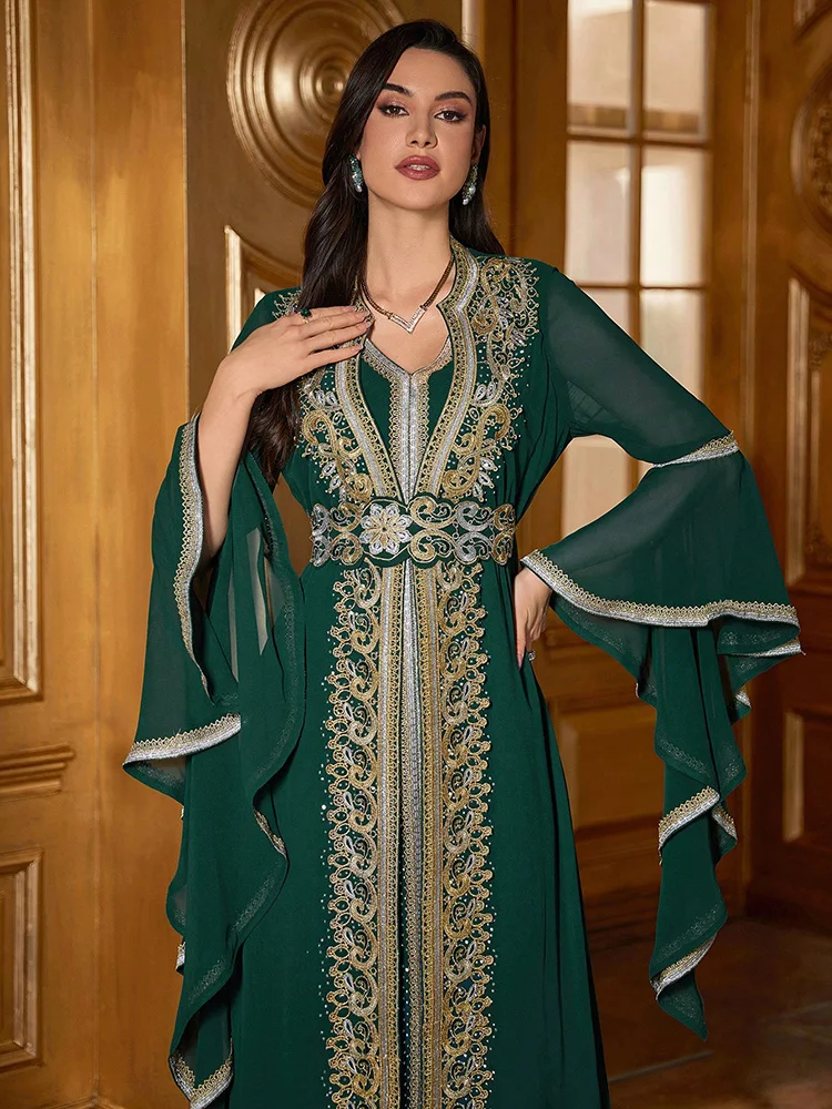 TOLEEN 2024 Luxury Elegant Arabian Kaftan Jalabiya Party Evening Modest Dress Women Embroidered Applique Trumpet Sleeve Dresses