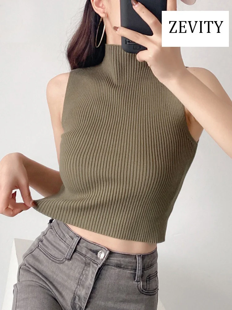 ZEVITY Women Fashion Fitted Basic Ribbed Knit Tank Tops Vintage High Neck Sleeveless Female Camis Chic Vest Top Mujer LS5257