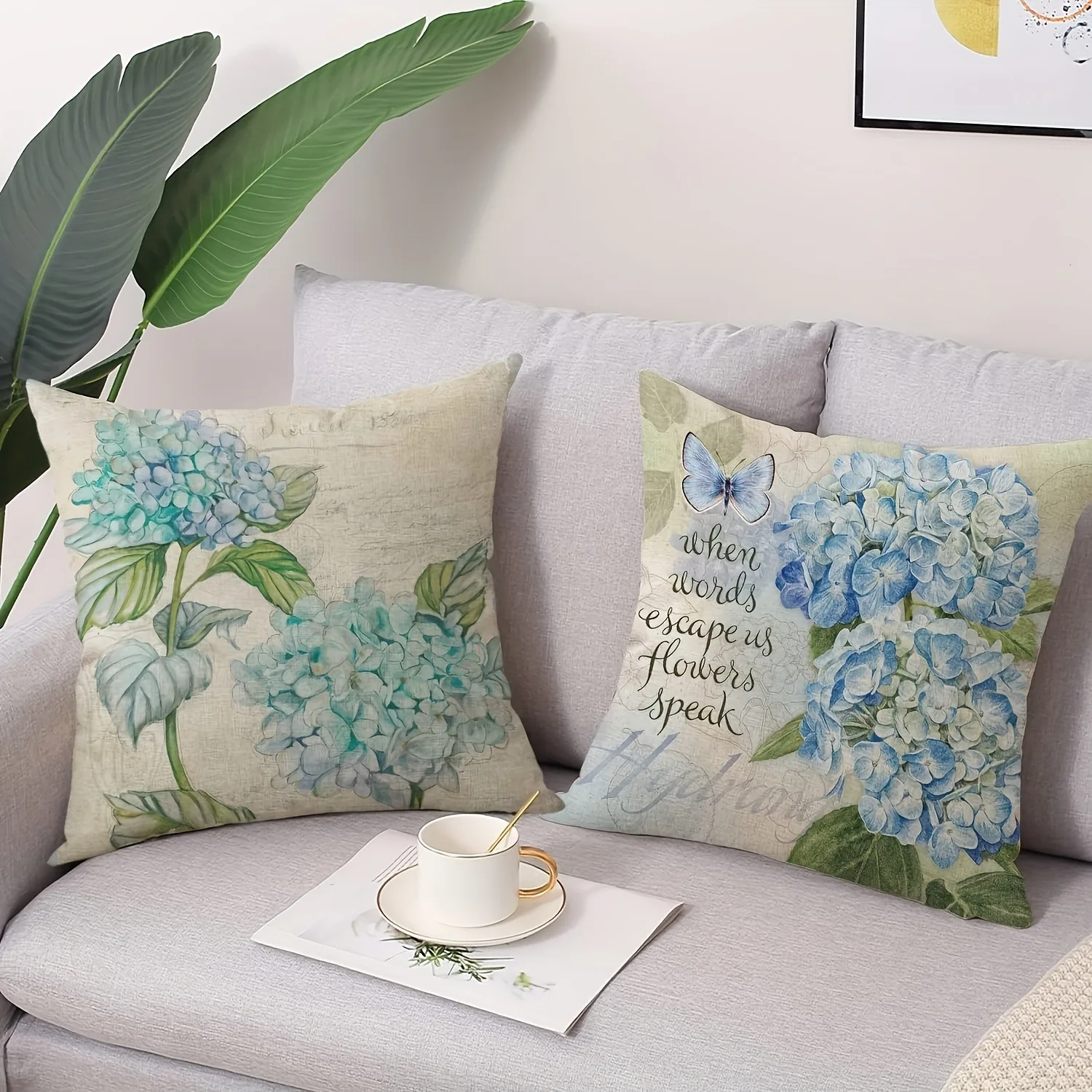 

Винтажная наволочка с синей гортензией, дизайн ботанической бабочки и цитаты, чехол для домашнего декора в стиле шебби-шик