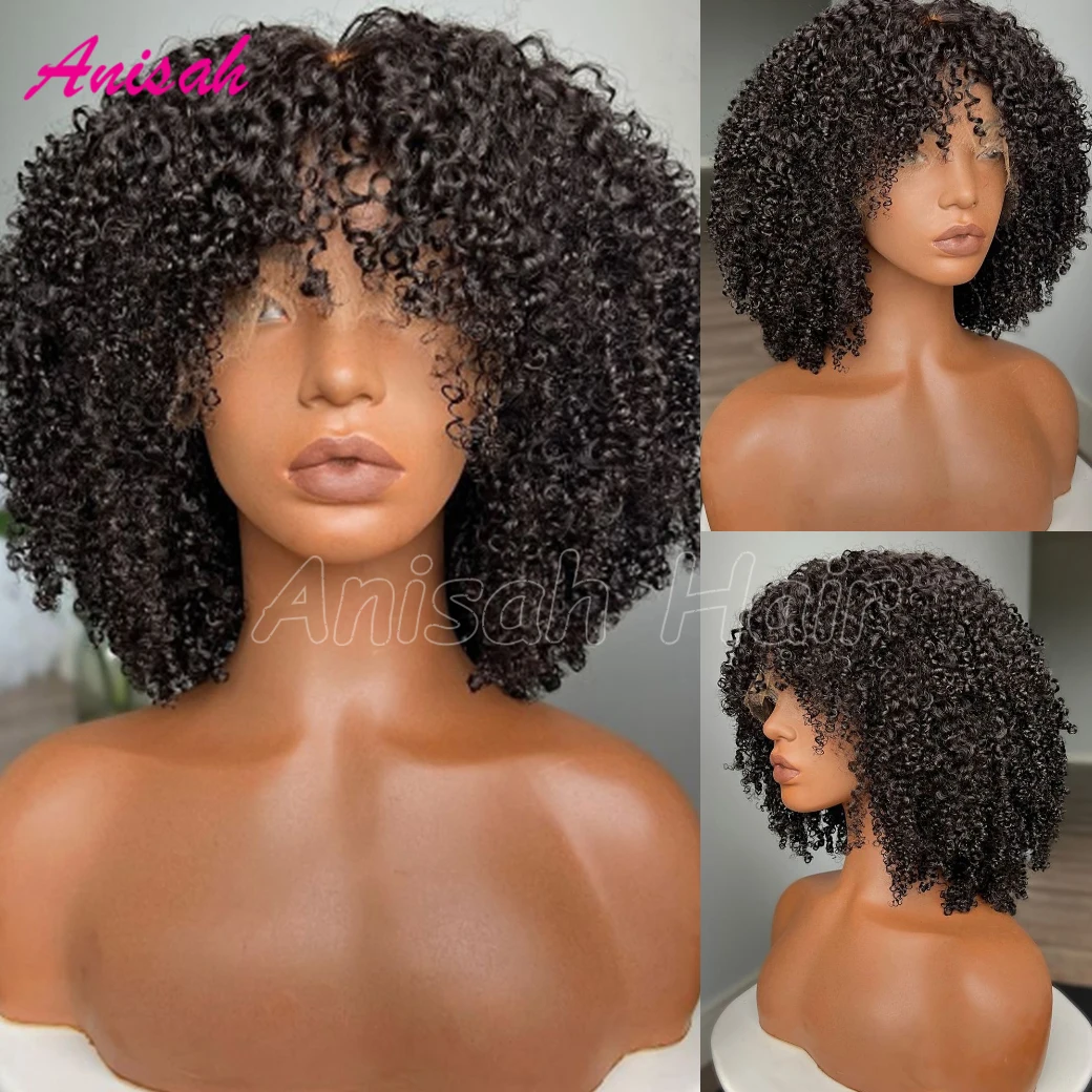 

Afro Kinky Curly Human Hair Wigs with Bangs Glueless Wigs Human Hair Lace Front Remy Brazilian Short Curly Lace Frontal Wig