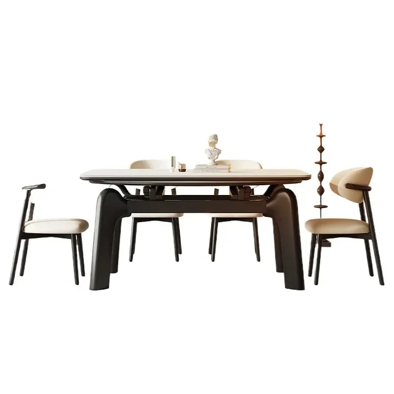 

French retro style, rock slab dining table, variable round table, black solid wood folding table