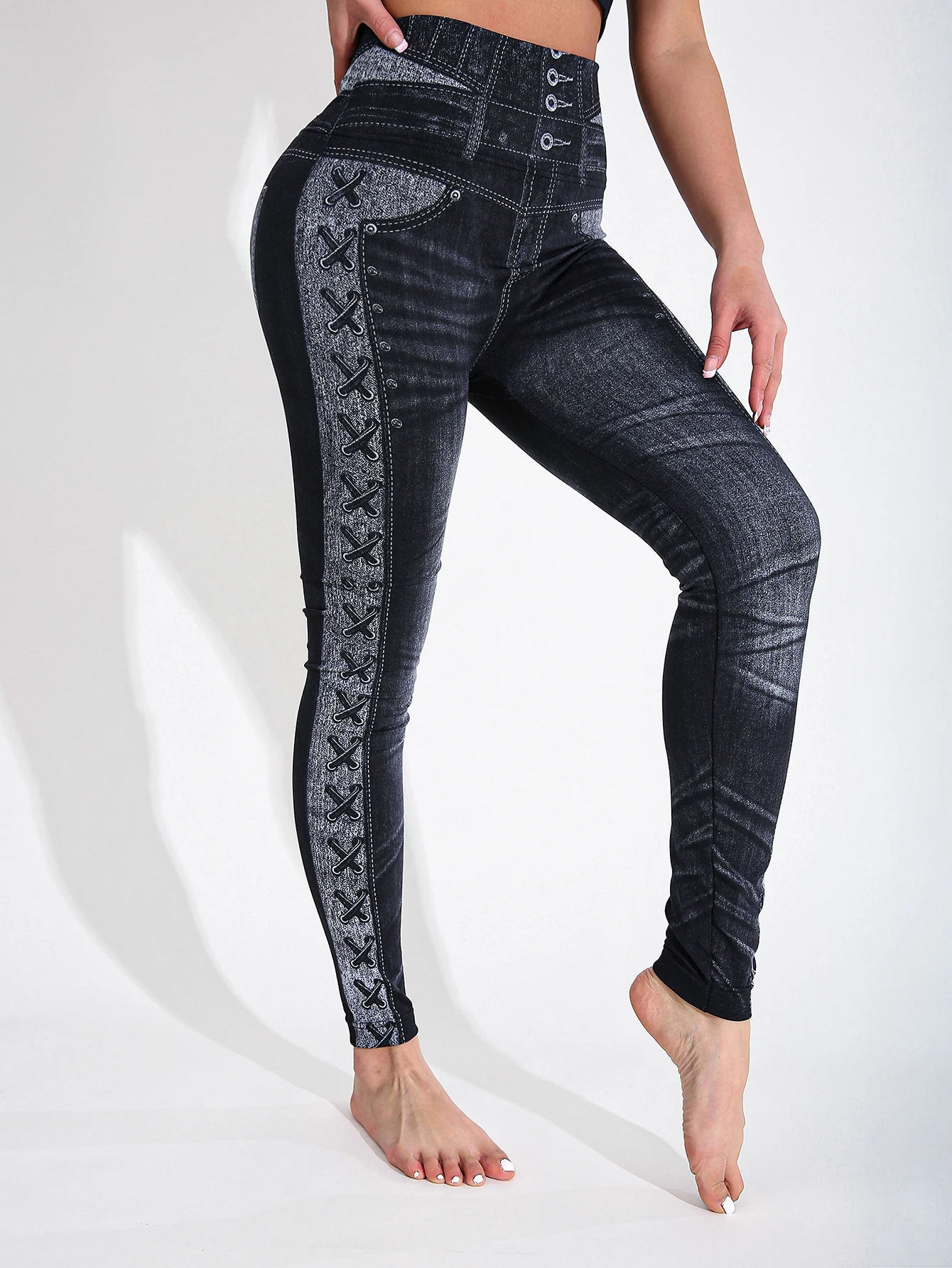 CUHAKCI 秋冬新作 レディース ハイウエスト イミテーション カウボーイ パンツ サイドストラップ付き プリント スポーツ 通勤タイツ