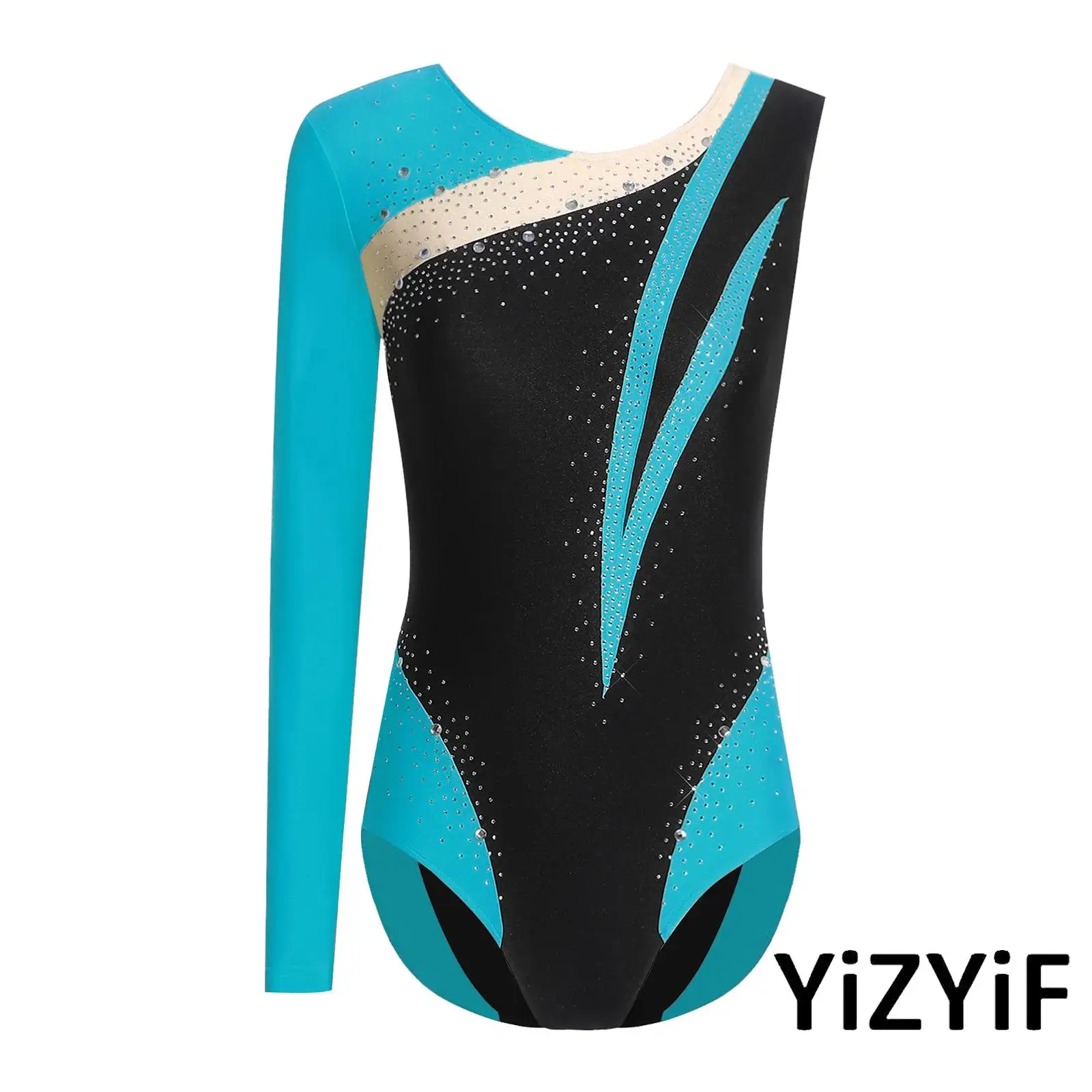 

Womens Radiant Figure Skating Gymnastics Leotard Color Block Design And Asymmetrical Cut Ballet Latin Performance Dance Wear