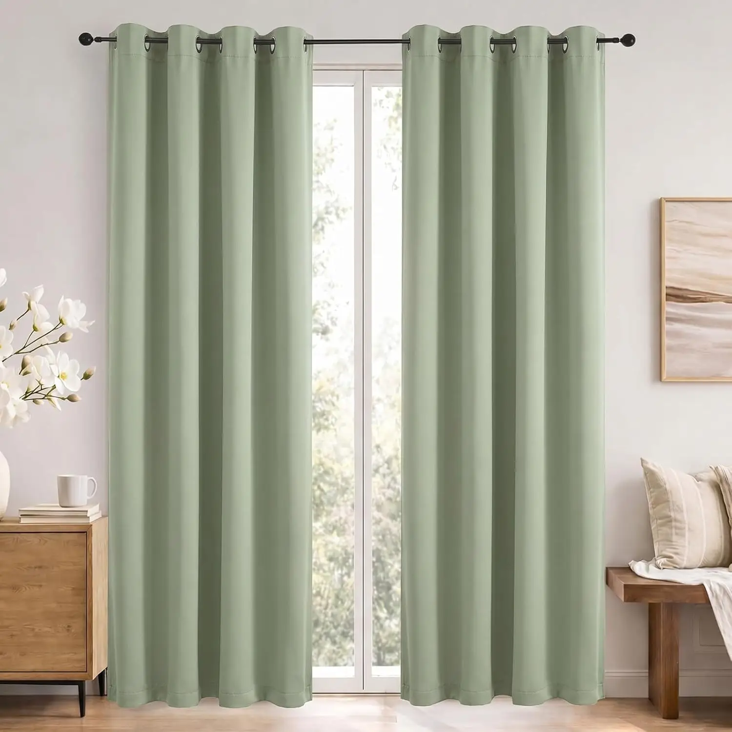 Sage-Green Solid 2-Panel 84-Inch Grommet-Top Blackout Curtains, Each Panel 52 Inches Wide, Thermal-Insulated Energy-Saving Drapes for Bedrooms & Living Rooms