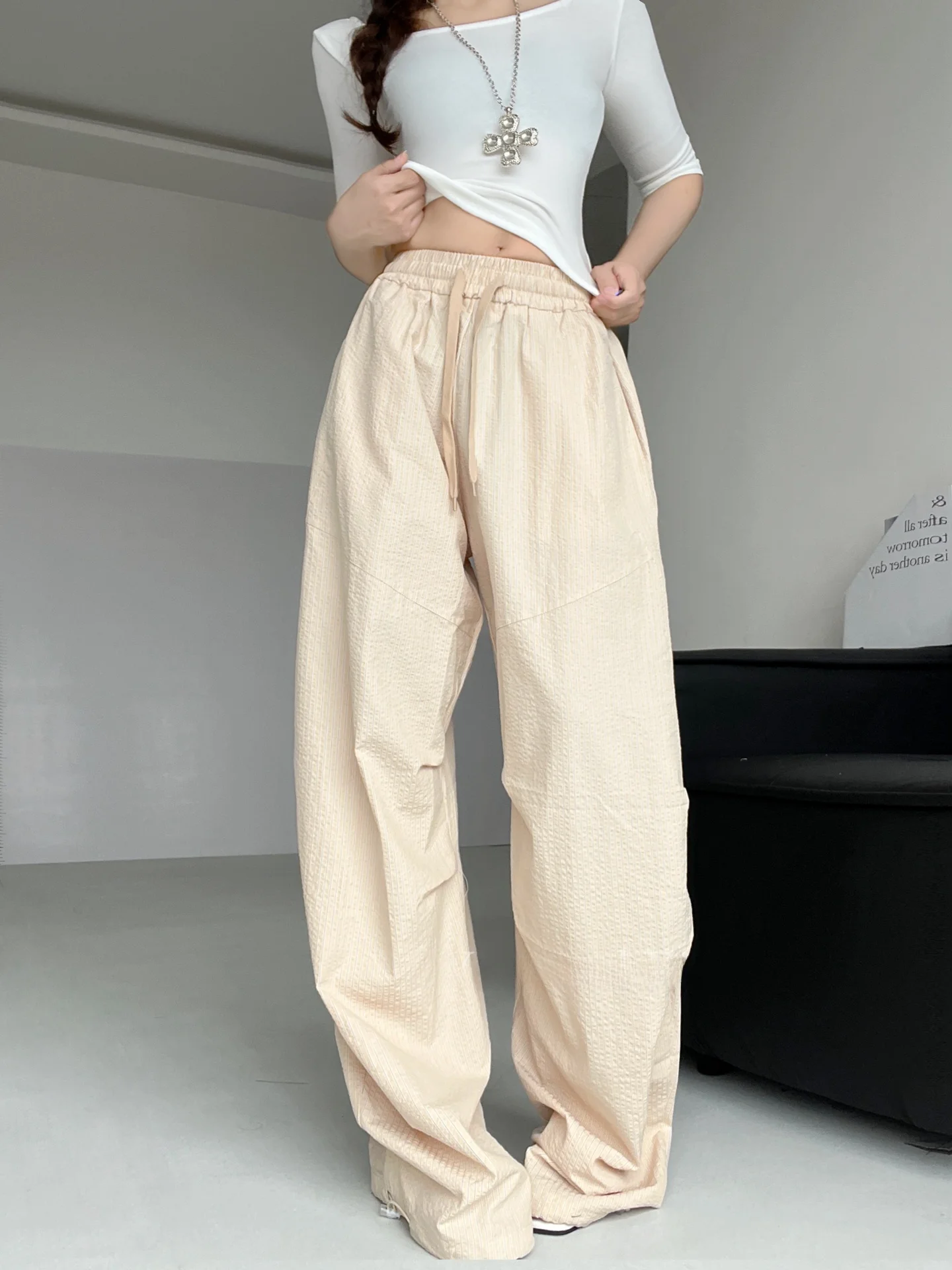Pantalon amincissant à jambes larges, rayé rose, ample, vêtements de travail pour danse de rue, paresseux, décontracté, taille basse, taille élastique