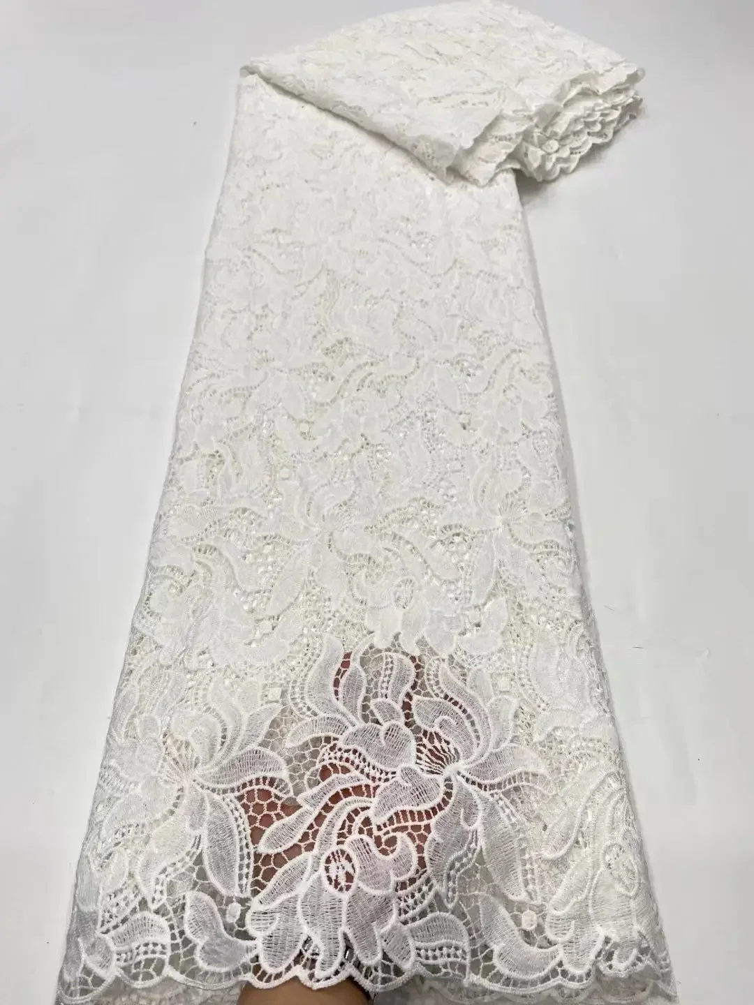 

African French Beaded Lace Fabric 2021 High Quality Lace White Lace Fabric Nigerian Tulle Mesh Lace Fabrics for Wedding