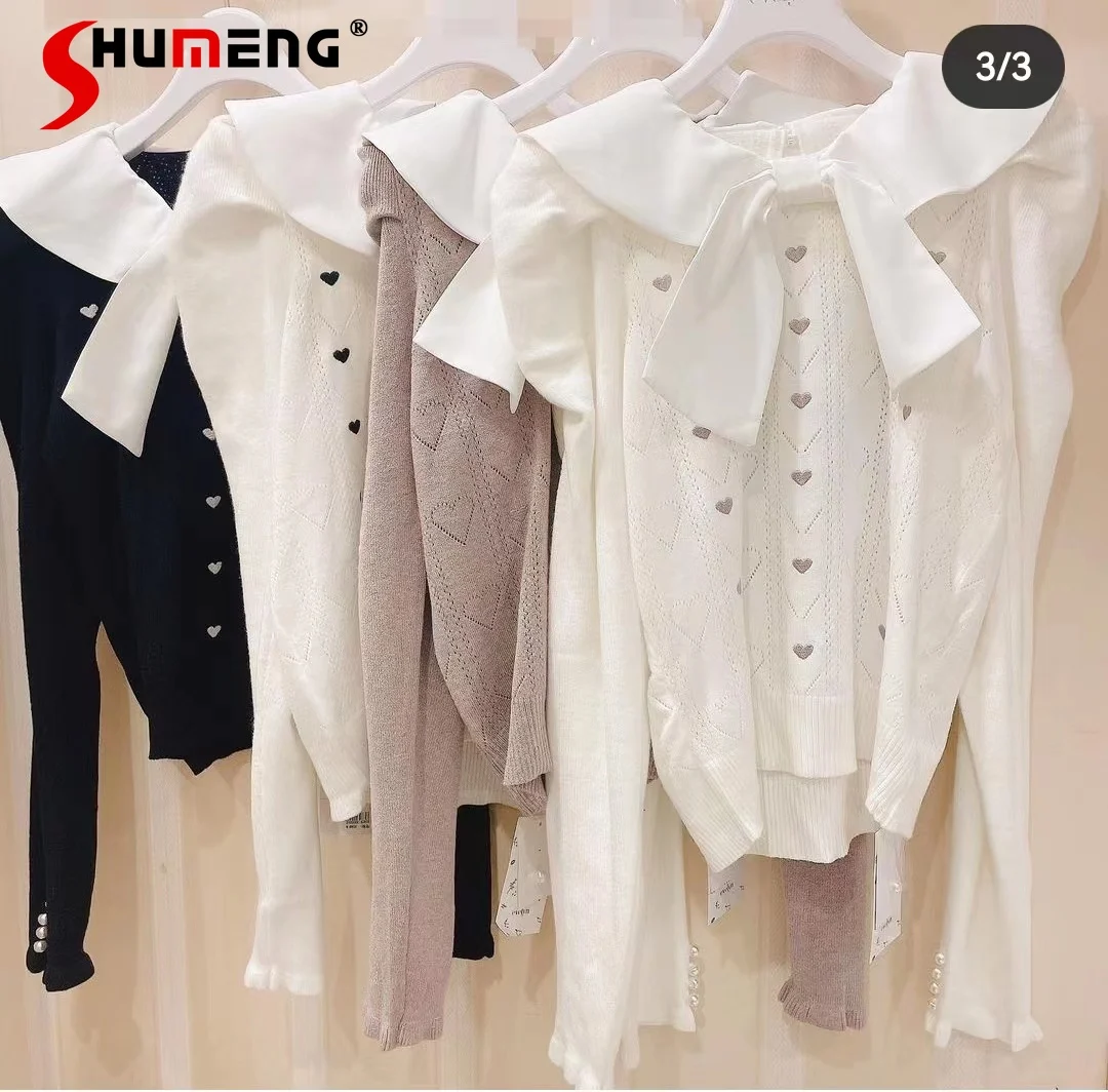 

Japanese Girl Sweet Eve Love Embroidered Knitted Sweater Ladies 2023 Fall New Soft Core-Spun Yarn Big Bow Knitwear for Women