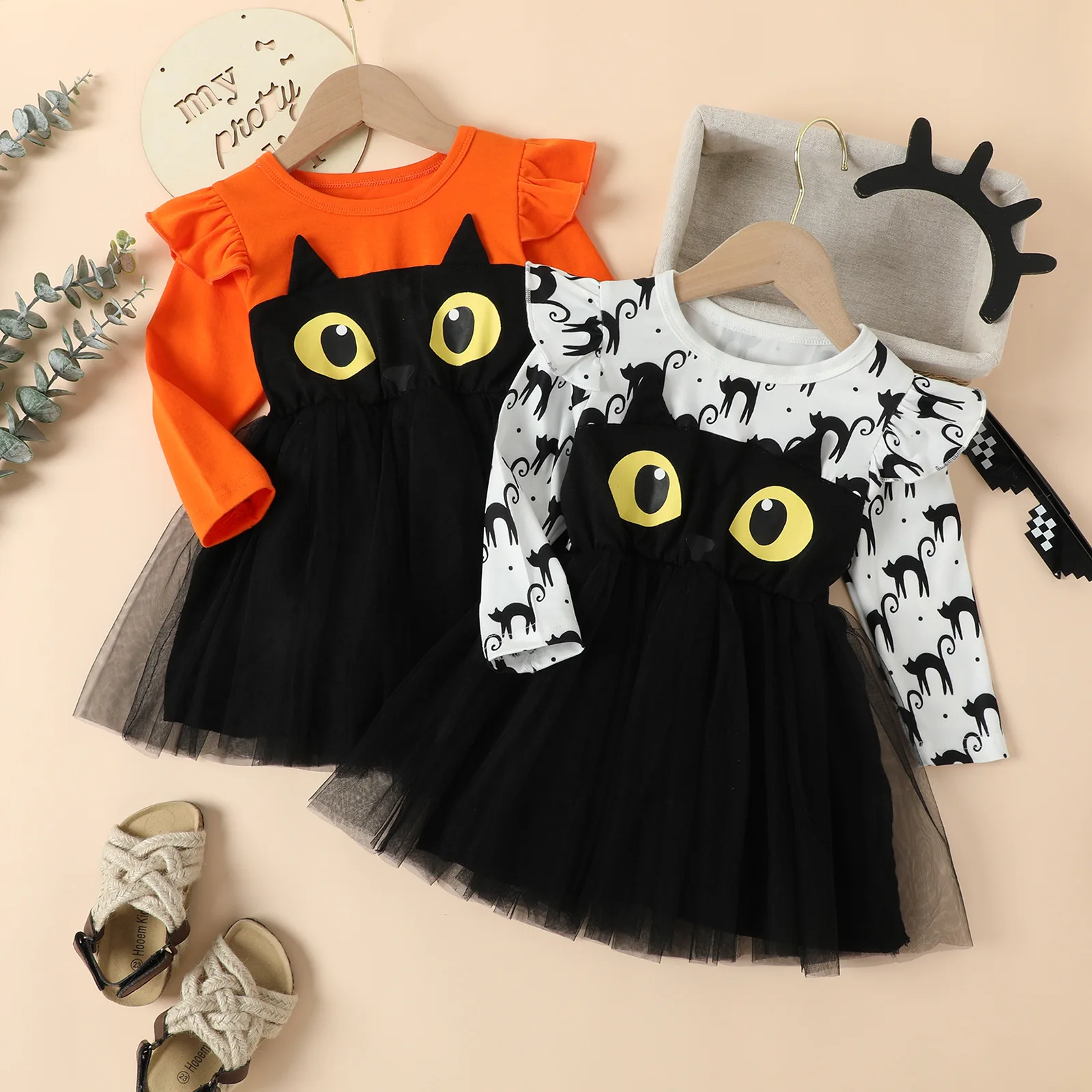 

2-6Y Baby Girls Cotton Halloween Dress Full Sleeve Cartoon Cat Design with Tulle Princess Skirt Stylish Fit Party Outfit Clothes