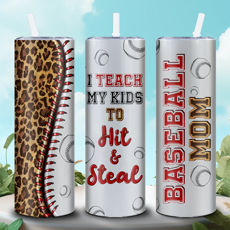 Leopard Print Baseball Pattern 20oz Stainless Steel Water Bottle With Lid And Straw Insulated Straight Cup For Mother\'s Day Gift