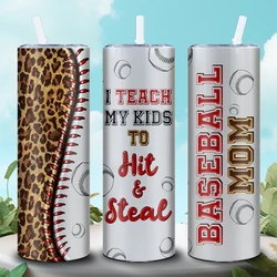 Leopard Print Baseball Pattern 20oz Stainless Steel Water Bottle With Lid And Straw Insulated Straight Cup For Mother's Day Gift