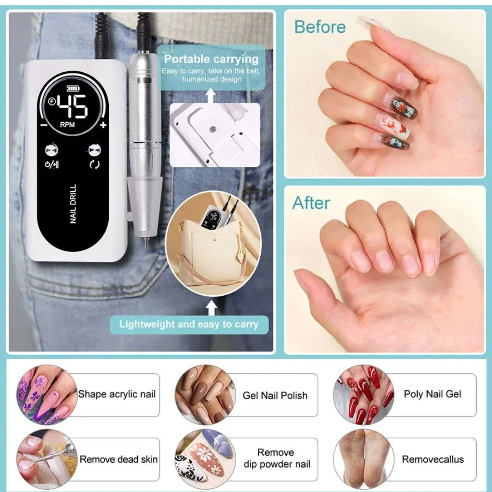 45000 دورة في الدقيقة قابلة للشحن آلة حفر الأظافر منخفضة الضوضاء المهنية الكهربائية ساندر ملف هلام طلاء الأظافر الأظافر مانيكير صالون أداة