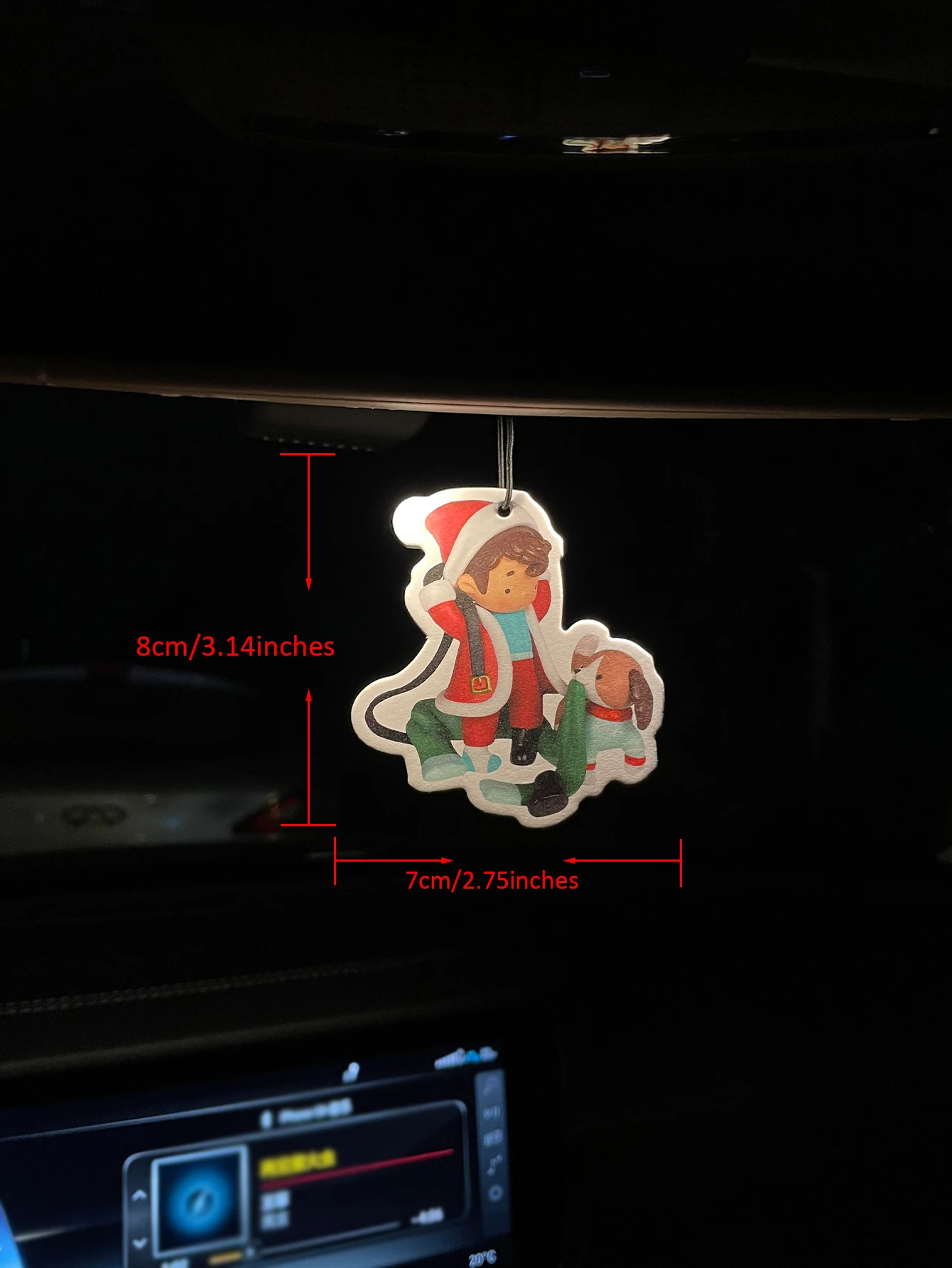 Christmas Boy In Santa Suit With Puppy Dog Hanging Car Air Freshener, Xmas Winter Holiday Cartoon Character Scented Paper Card,