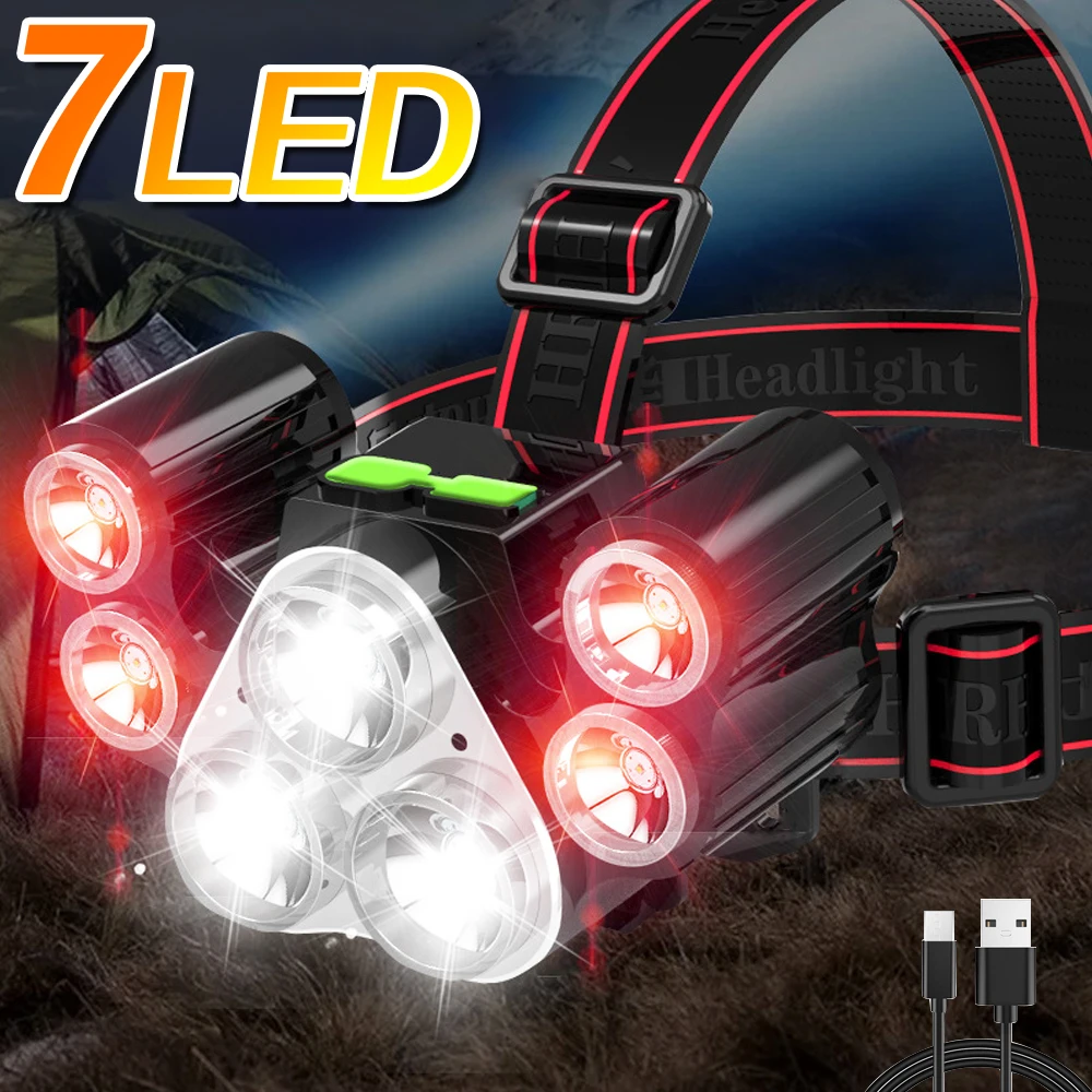 

High Bright 7LED Headlamp USB Rechargeable Headlight with Red Light 4modes Built-in Battery Head Flashlight Camping Fishing Lamp