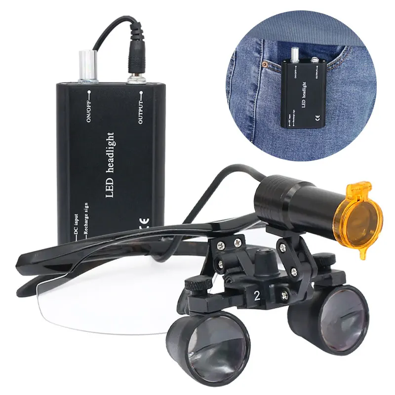 Dental Binocular Magnifier 2.5X 3.5X Dental Loupes with 5W Headlamp Battery Yellow Filter Optical Magnifying Glass Cloth Case