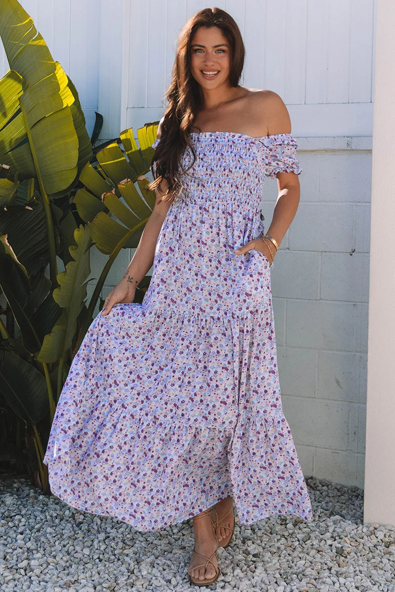 

Retro French Floral Print Dress For Women 2025 Summer New High Waist Pleated Square Neck Elegant Long Dress Female Vestidos