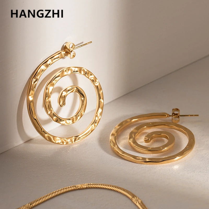 HangZhi Exaggerated Spiral Line Stainless Steel Big Earring Funny Fashion Large Hollowe Vintage Jewelry 2023 New