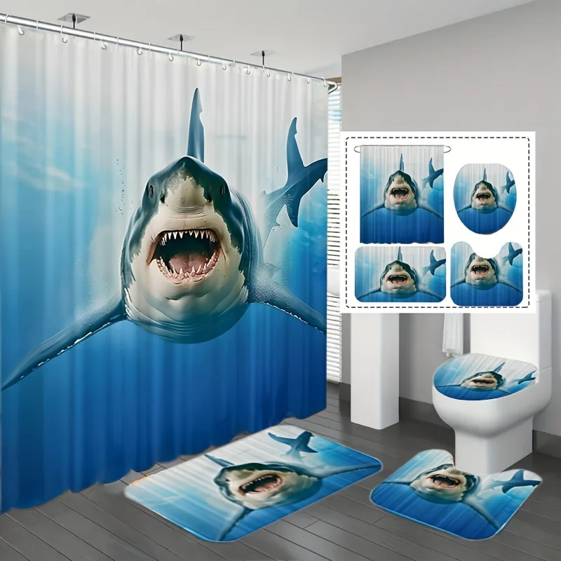 Ocean Theme Shark Bathroom Set - 4pcs Water-Resistant Polyester Shower Curtain with Hooks, Non-Slip Mat, Toilet Lid Cover, and R