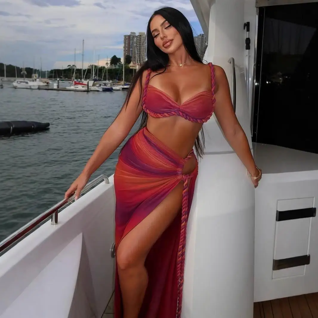 

Beach Swimsuit Woven Csole Top Split Skirt Set Women's Sexy Sle Summer Faion Tee-Piece Suit No Brand Registered Trademark