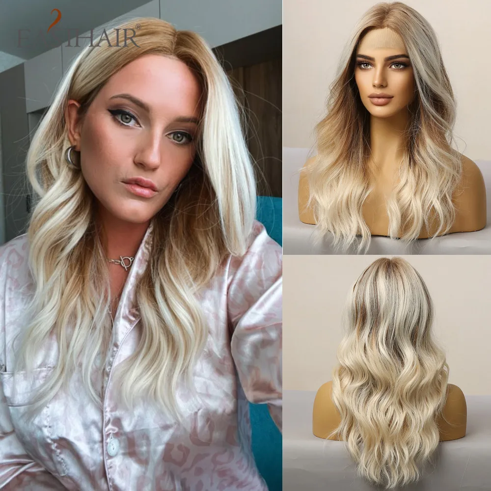 EASIHAIR Lace Synthetic Wigs Blonde Long Wavy T Part Lace Wig with Brown Copper Hair Root for Women Daily Party Heat Resistant