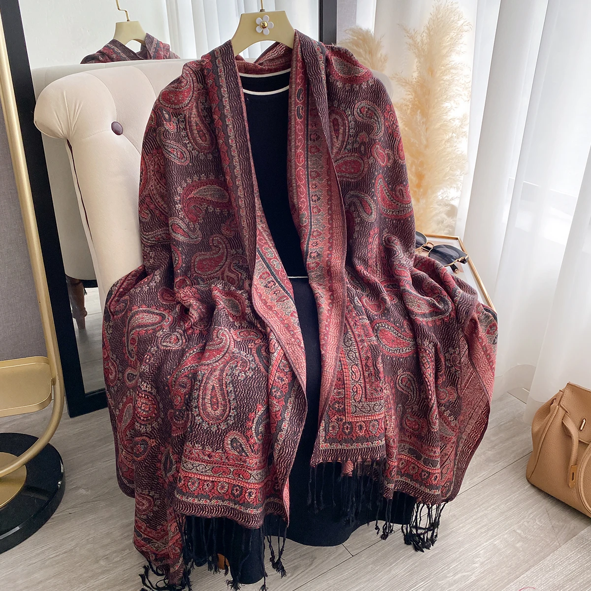 

Зимний клетчатый шарф из искусственного кашемира для женщин — толстая шаль из пашмины с принтом кисточек, уютный шейный платок и бандана