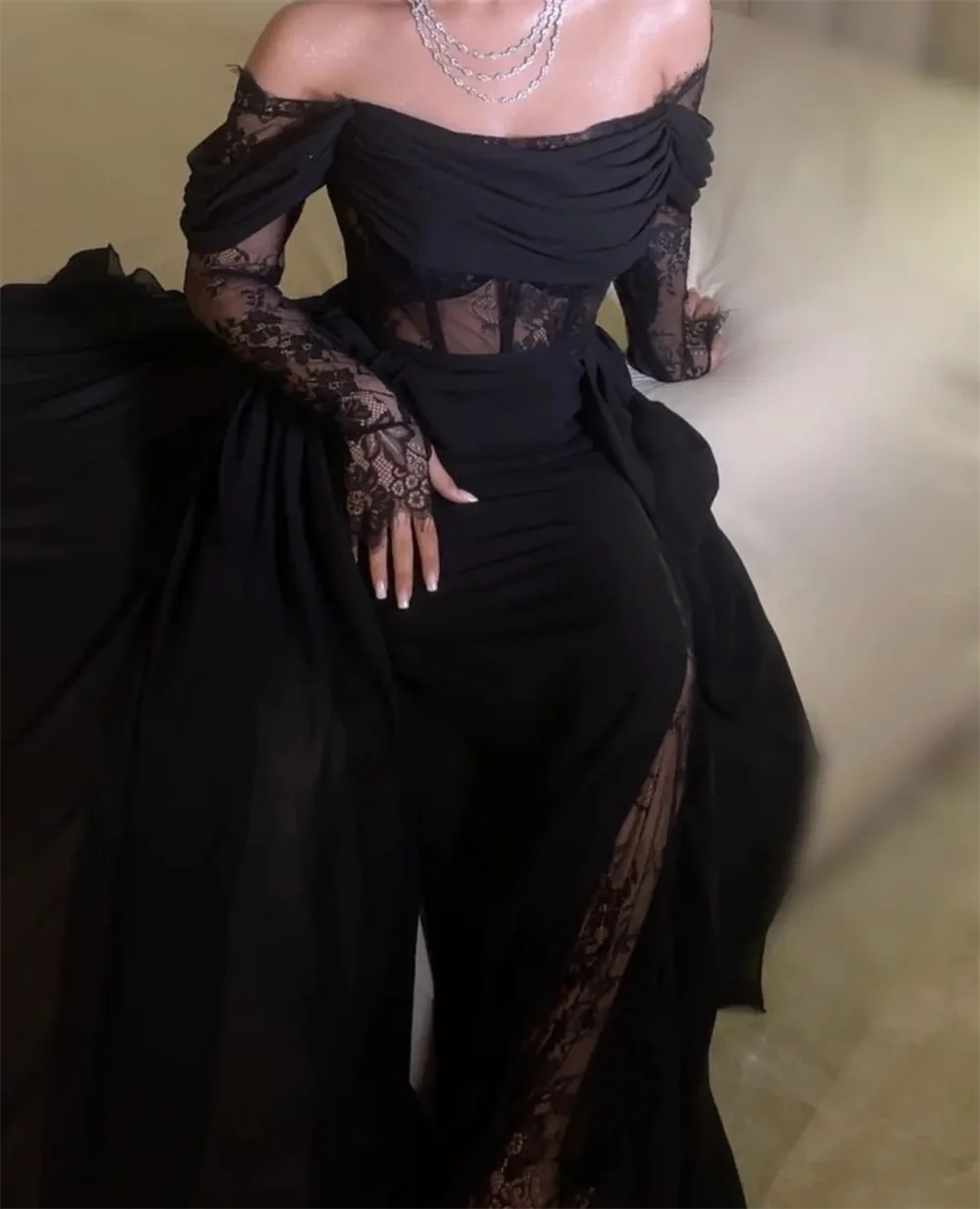 Jessica Lace Long Sleeves Prom Dresses Black Chiffon Mermaid Evening Dresses فساتين السهرة Ladies Dinner Wedding Party Dress