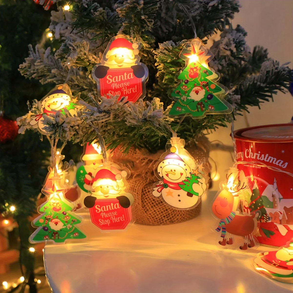 Christmas LED String Lights, Battery Powered(No Battery) 10/20LED, Santa/Snowman/Tree Design, Xmas Party Home Decoration Gift