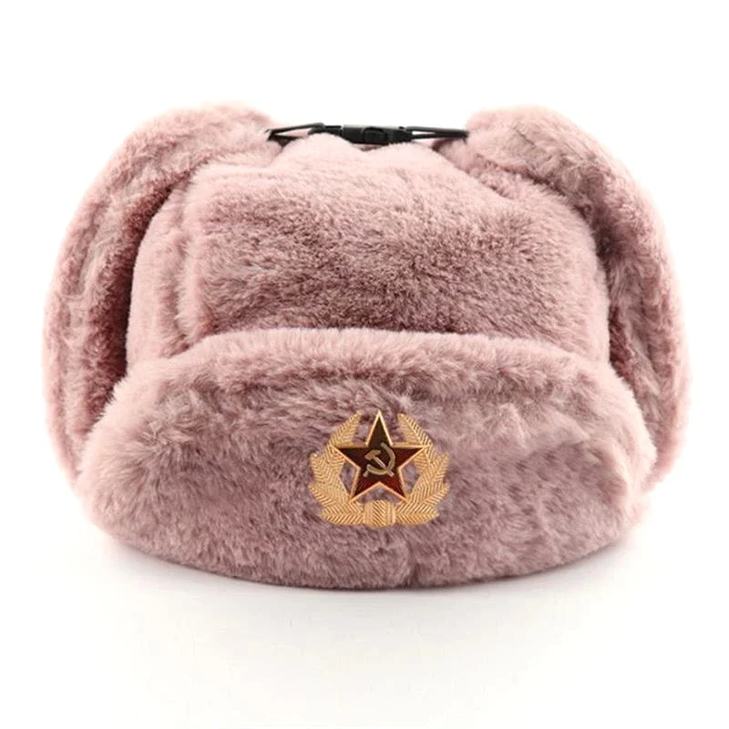 CCCP Soviet Badge Ushanka Winter Bomber Hat Men & Women Faux Rabbit Fur Earflap Snow Cap Army Pilot Trapper Trooper Style