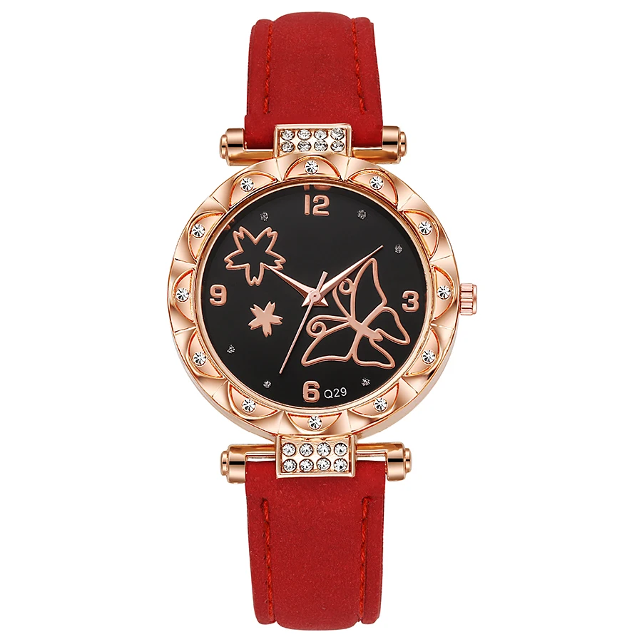 Butterfly fashion women's watch ins wind girls quartz abrasive leather strap watch full diamond women