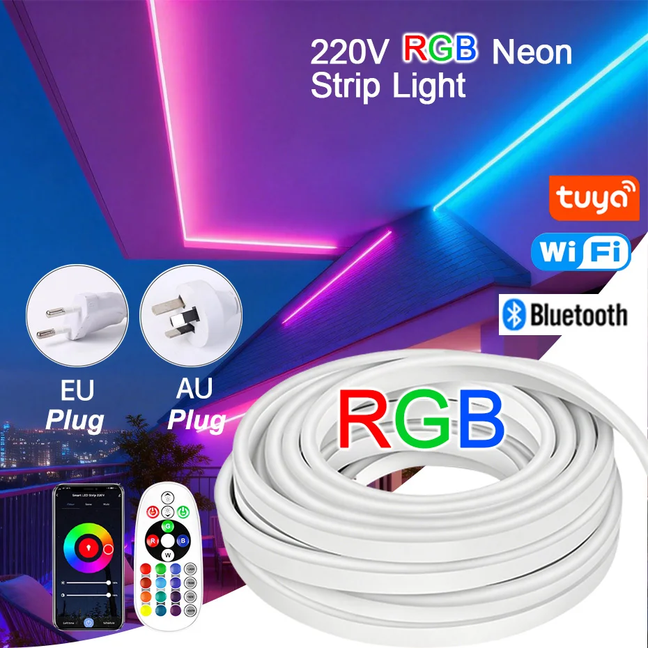 LED Neon Strip RGB with 220V EU/AU Plug Neon Rope Lights SMD 5050 RGB Dimmable LED Strip Light IR Remote / Bluetooth /Tuya WiFi