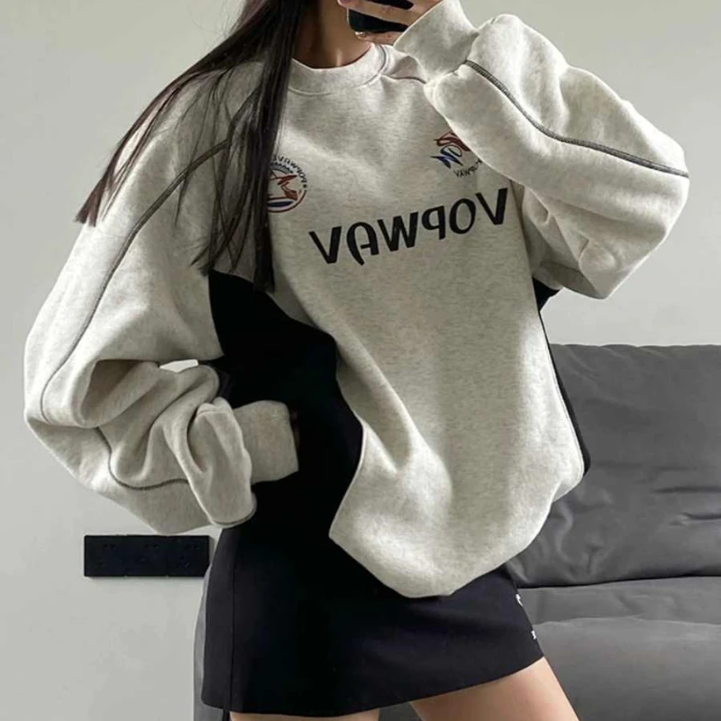 Deeptown Y2k Gray Vintage Hoodies Women Letter Print Patchwork Pullovers Korean Fashion Sweatshirts Oversized Hip Hop Streetwear