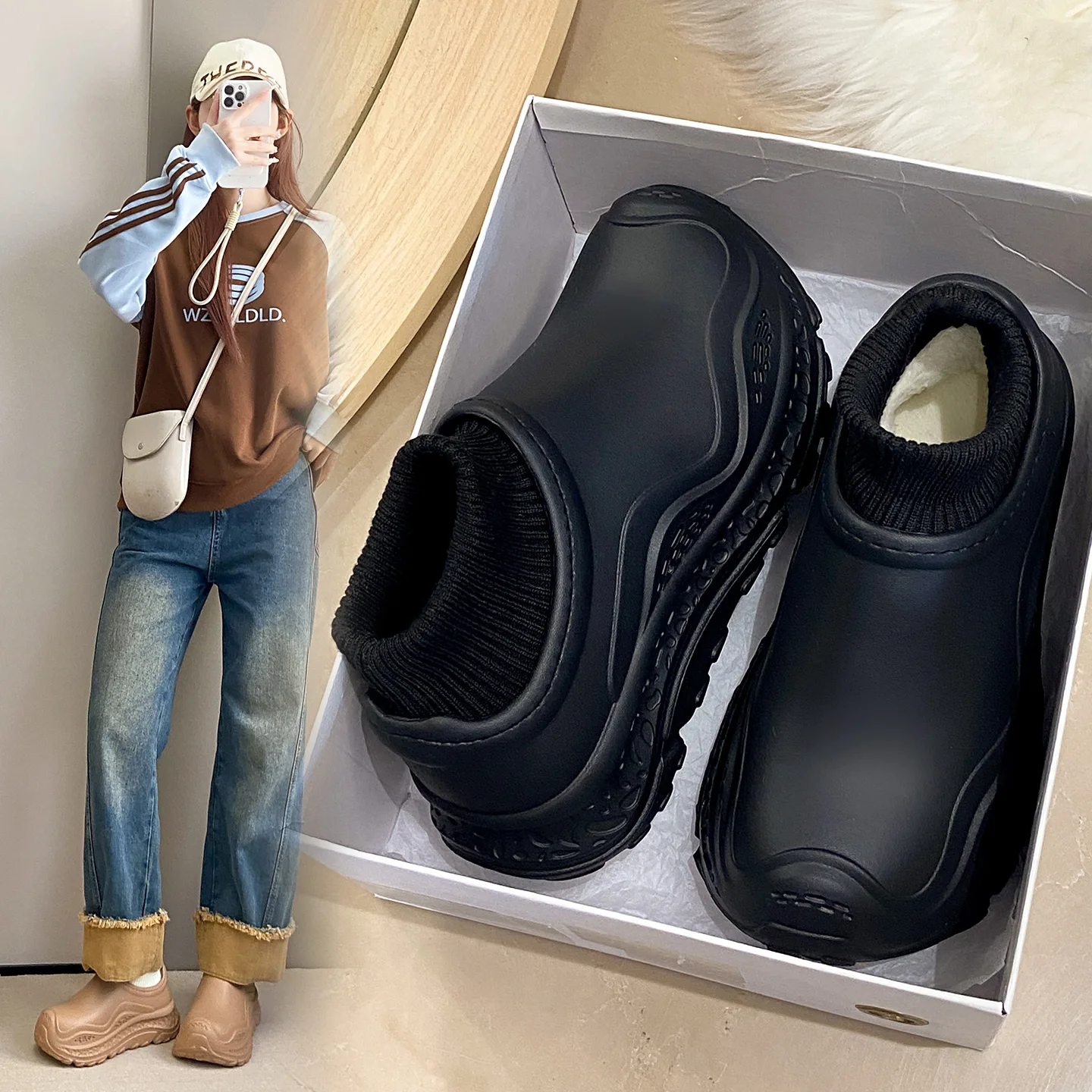 شباشب قطنية مبطنة ودافئة جديدة للشتاء، أحذية خارجية مقاومة للماء والثلج. أحذية قطنية مقاومة للانزلاق ومقاومة للاهتراء