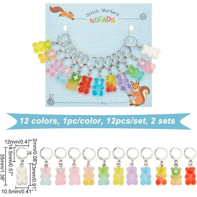 24 Pcs Resin Bear Stitch Markers, Crochet Stitch Marker Charms Removable Leverback Hook Locking Stitch Marker for Knitting