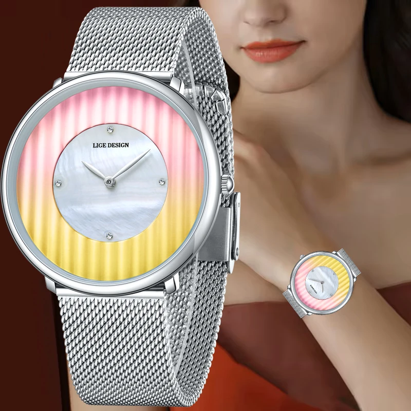 LIGE クラシック女性のクォーツ腕時計アウトドアスポーツ超薄型メッシュ防水時計女性カジュアルブレスレットウォッチギフト女性のための