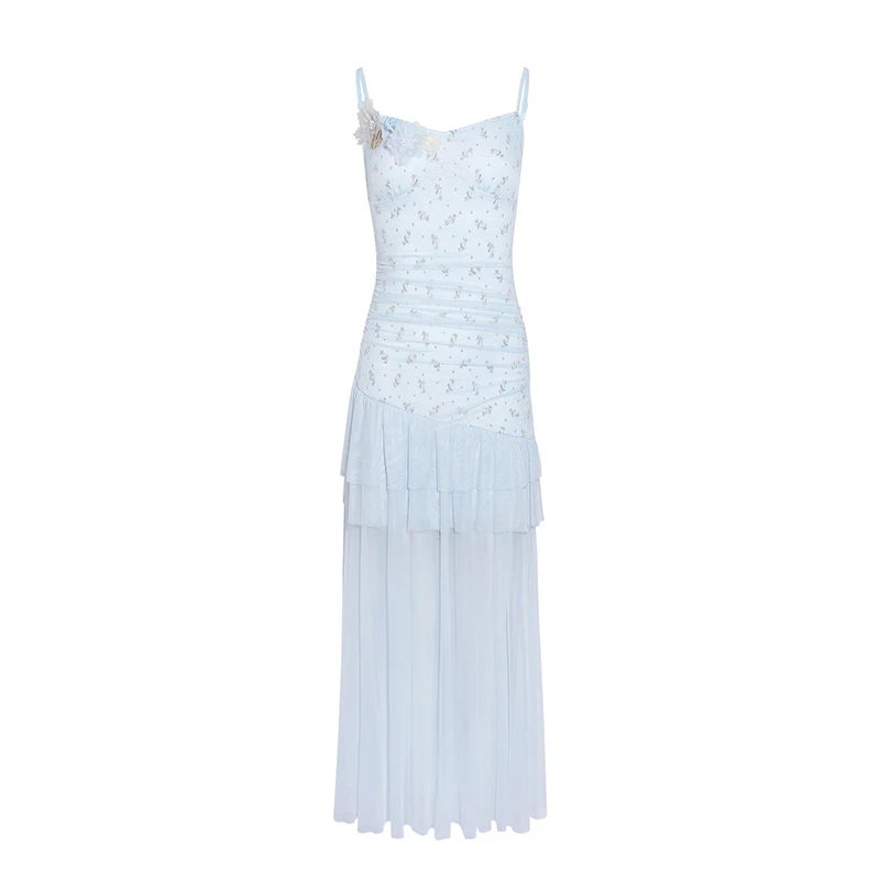 Summer Dresses for Women 2026 Vacation Smocked Floral Maxi Dress Boho Beach Sundress with Floral Fashion Clothing Mesh Dress