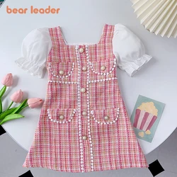 Bear Leader Girls' Dress 2023 Summer New Girls' Fashion Bubble Sleeve Plaid Dress Retro Button Lace Dress Girls' Fashion Dress