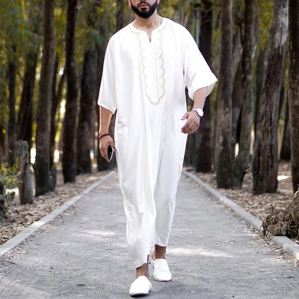 Loose Muslim Caftan Robe Men Fashion Jubba Thobe Man Leisure National Style Solid Color No Collar Ramadan Islamic Clothing Saudi