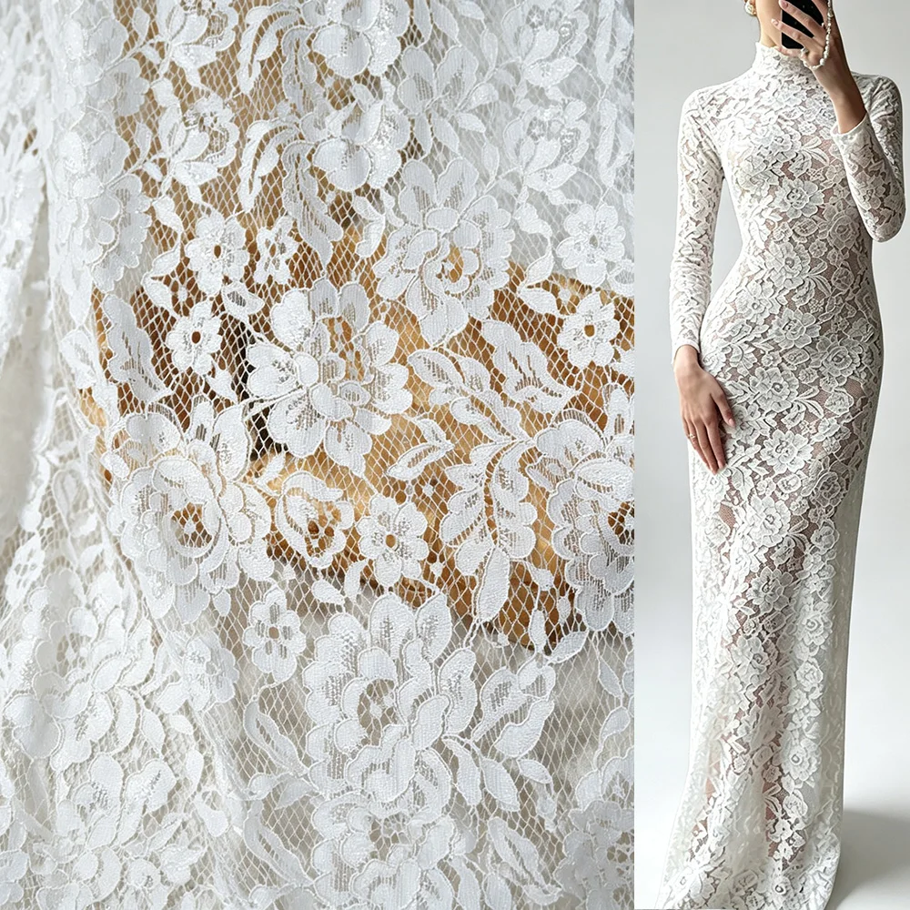 Heavy Quality Nylon 150CM Wide Allover Florals Cord Lace Fabrics Ecru White Couture Lace For DIY Sewing Wedding Dress Bride Viel