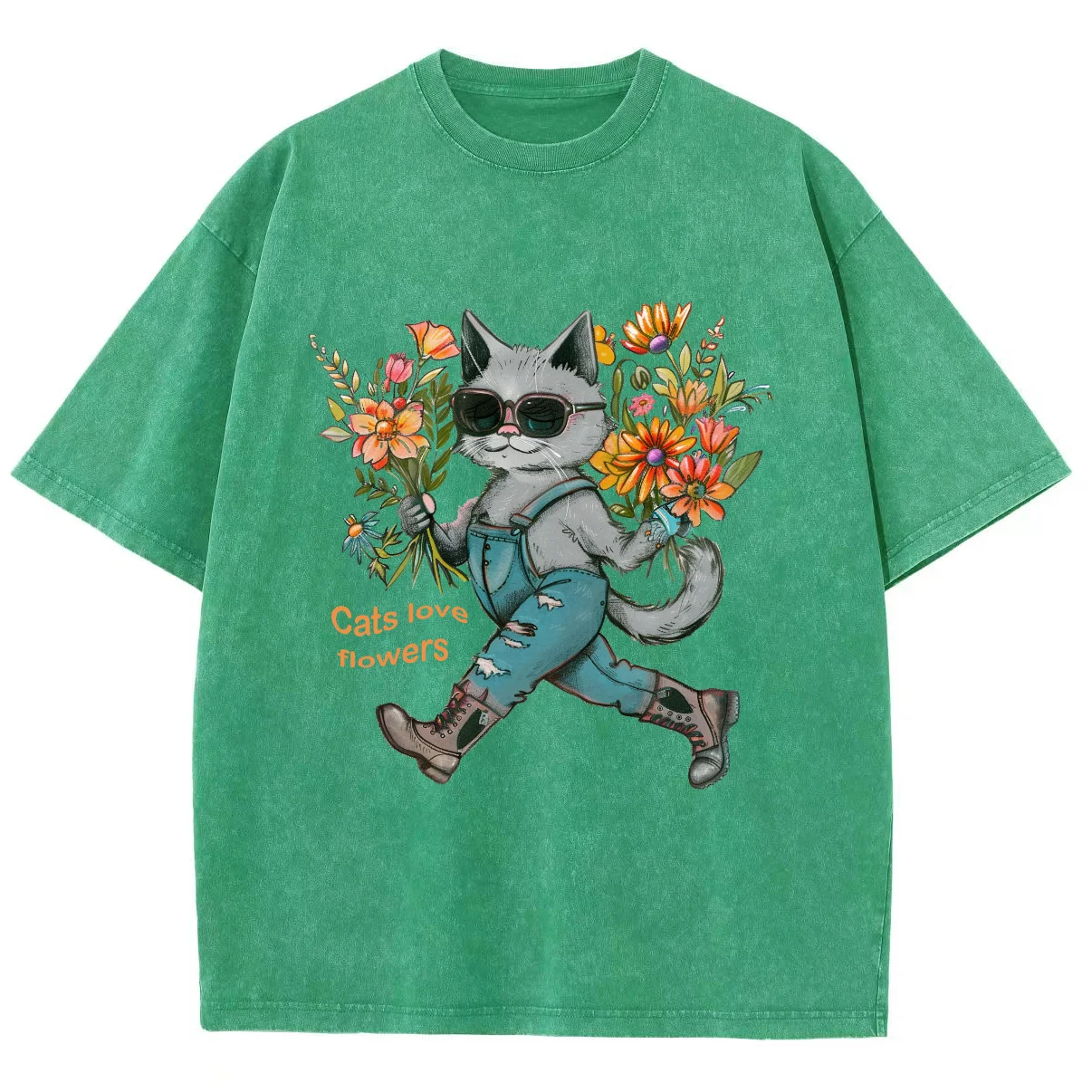 Cute Blue Cat Anthropomorphic Print Women's T-Shirt Loose Wash Oversized Short Sleeve Fashion Design Casual Funny Style Top 2024