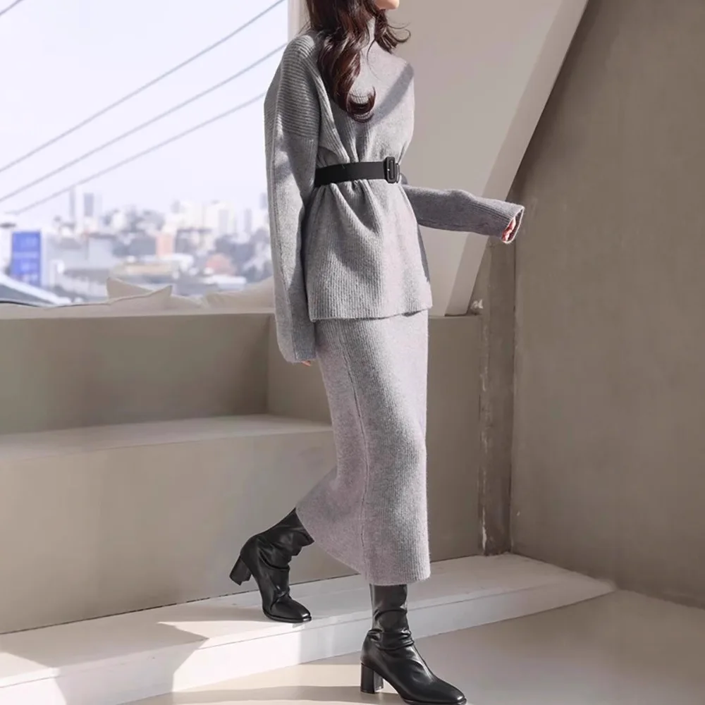 Autumn Winter Fashion Knit Skirt Korean Style Belted Midi Skirt Turtleneck Pullover Two Piece Skirt Cozy Elegant Sweater Skirts