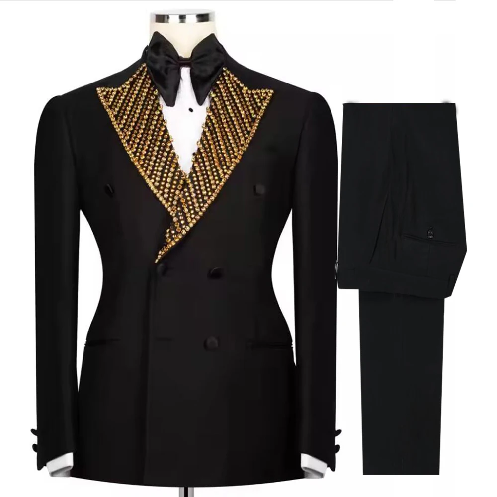 

Luxury Beaded Crystals Suits Men For Wedding Sparkly Pearls Label Prom Blazers Outfits 2 Piece Set Groom Tuxedos Customized 2026