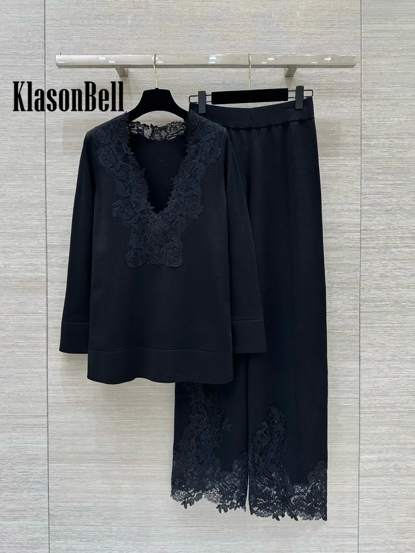 8.24 KlasonBell Women Lace Embroidered Appliques V-Neck Knitwear Sweater Or Elastic Waist Straight Pants Soft Elegant Knit Set