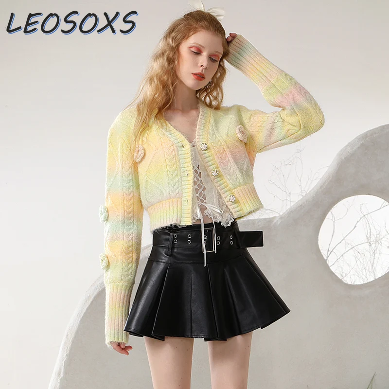 

Romantic Gradient Rainbow Sweater Cardigan Women 2024 Autumn New Three-Dimensional Flowers Sweet Pretty Girl Short Sweater Coat